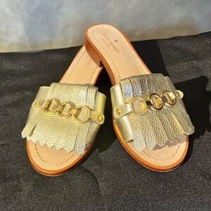 Kate Spade Brie GoldLeather‎ Fringe Chain Slide Sandals Mules Women's Size 6.5M